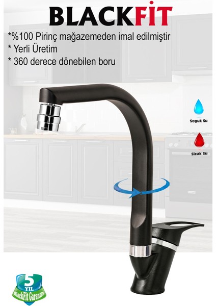 Siyah Mix Mutfak Bataryası Oynar Başlıklı Mutfak Musluğu Eviye Bataryası Çift Su Girişli