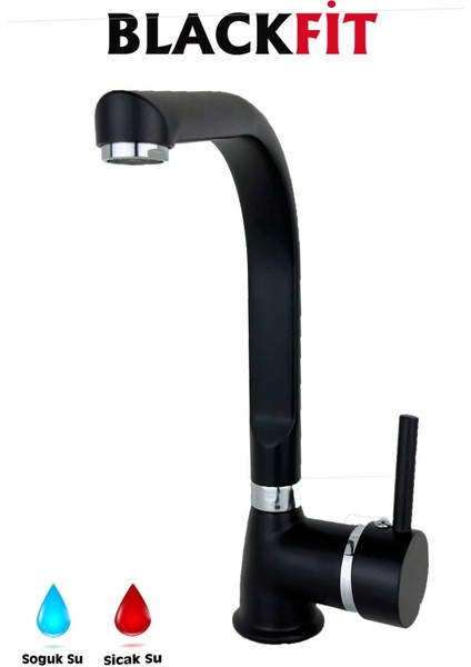Siyah Mutfak Eviye Bataryası Çift Su Girişli Pirinç Döner Borulu Musluk 5 Yıl Garantili