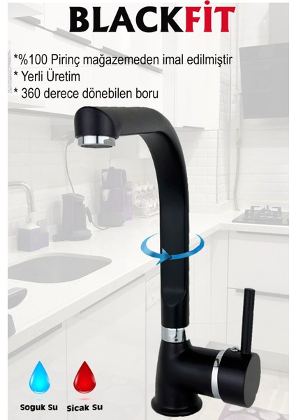 Siyah Mutfak Eviye Bataryası Çift Su Girişli Pirinç Döner Borulu Musluk 5 Yıl Garantili fiyatları