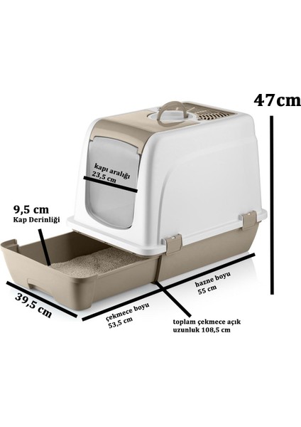 Orta Boy Çekmeceli Kapalı Kedi Tuvaleti Kürek Hediyeli 47 x 39,5 x 55cm