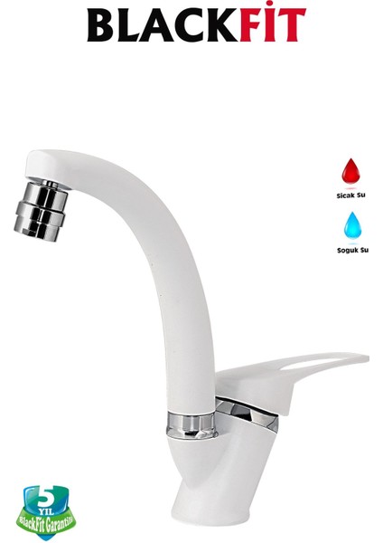 Beyaz Mix Oynar Başlıklı Lavabo Bataryası Çift Su Grişli Çeşme Banyo Musluğu Mutfak Çeşmesi