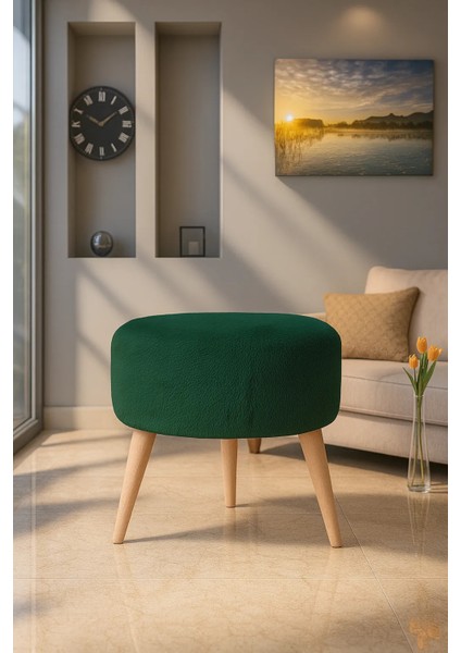 - Yuvarlak Puf - Welsoft Yumuşak Kumaş - Ahşap Ayak - Yeşil