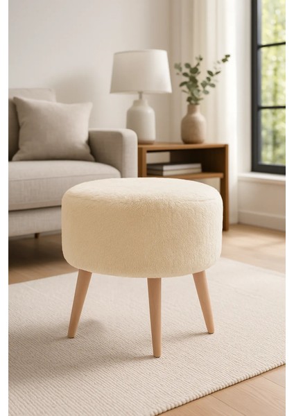 - Yuvarlak Puf - Welsoft Yumuşak Kumaş - Ahşap Ayak - Krem