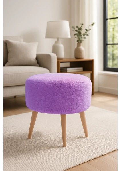 - Yuvarlak Puf - Welsoft Yumuşak Kumaş - Ahşap Ayak - Lila