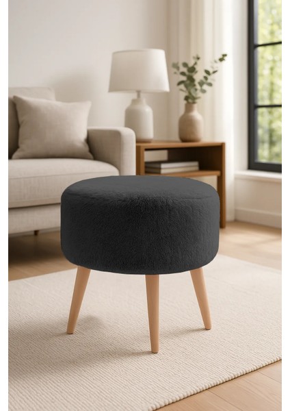 - Yuvarlak Puf - Welsoft Yumuşak Kumaş - Ahşap Ayak - Antrasit