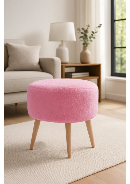 - Yuvarlak Puf - Welsoft Yumuşak Kumaş - Ahşap Ayak - Pembe