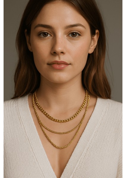 Çelik 3'lü Gold Kolye