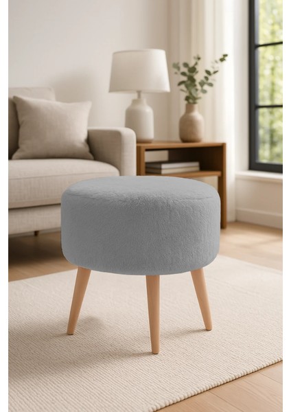 - Yuvarlak Puf - Welsoft Yumuşak Kumaş - Ahşap Ayak - Gri