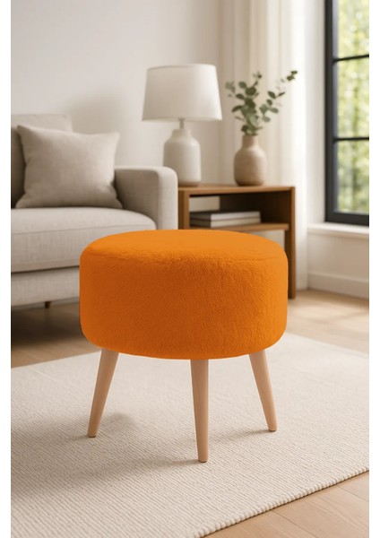 - Yuvarlak Puf - Welsoft Yumuşak Kumaş - Ahşap Ayak - Turuncu