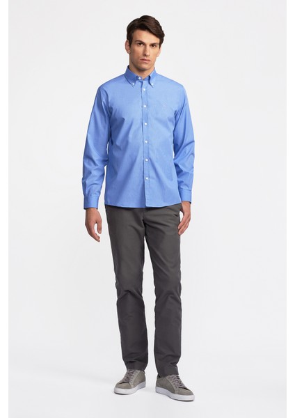 Erkek Koyu Mavi Cooper Fit Düğmeli Yaka Pötikareli Spor Gömlek modelleri