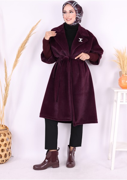 Bel Kuşaklı Yaka Taş Broş Detaylı Kaban 7874 Mor