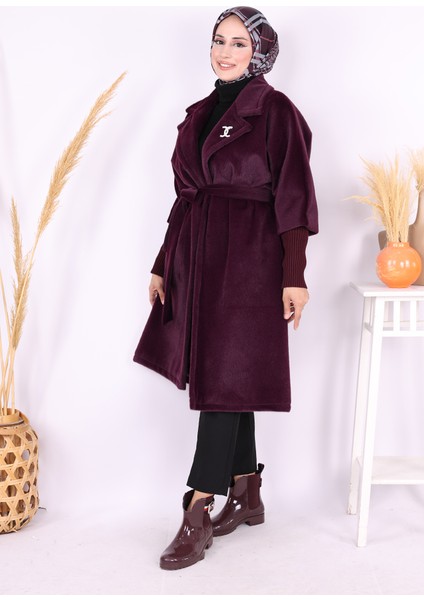 Bel Kuşaklı Yaka Taş Broş Detaylı Kaban 7874 Mor fiyatları