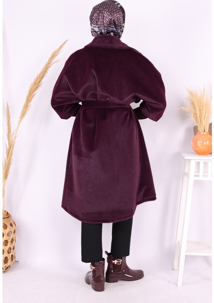 Bel Kuşaklı Yaka Taş Broş Detaylı Kaban 7874 Mor modelleri