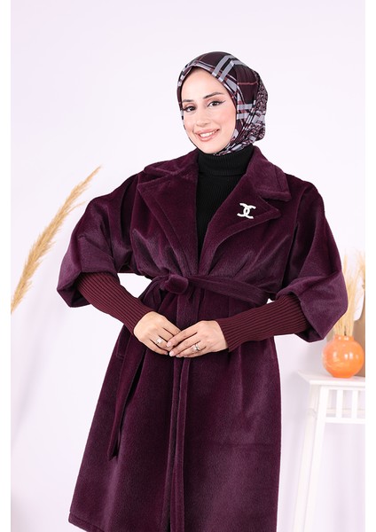 Bel Kuşaklı Yaka Taş Broş Detaylı Kaban 7874 Mor fırsatları