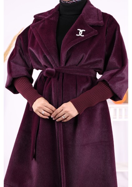 Bel Kuşaklı Yaka Taş Broş Detaylı Kaban 7874 Mor indirimleri