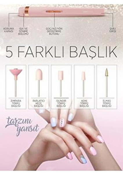 LED Işıklı Şarjlı Tırnak Törpüsü Manikür Seti Taşınanilir Mini Çanta Hediyeli 5 Ad Başlık Uç modelleri