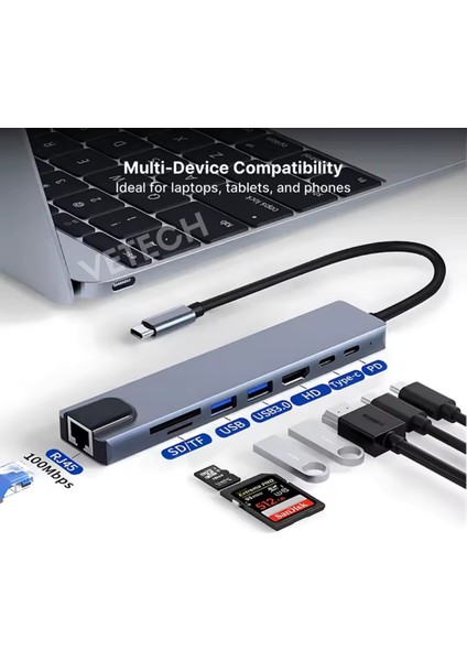 Macbook Pro Air Uyumlu Usb Type-C 8 Hub Dönüştürücü Çevirici Çoklayıcı USB, HDMI, Micro Sd 8in1