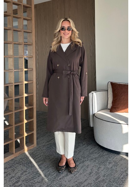 Kahverengi Uzun Dökümlü Trençkot - 7310 fiyatları