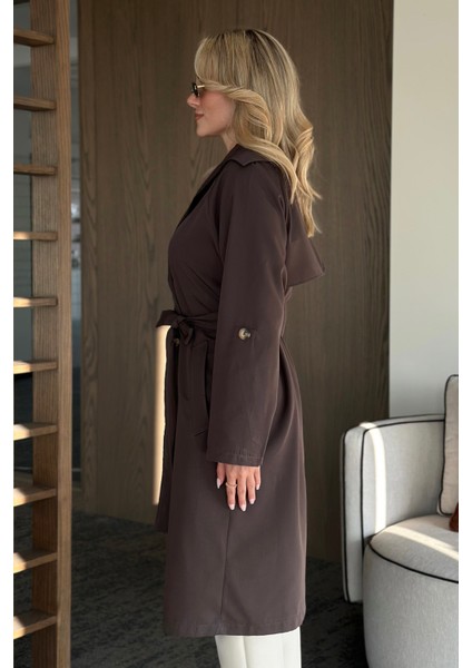 Kahverengi Uzun Dökümlü Trençkot - 7310 indirimleri