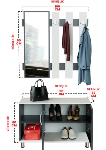 "alçin" Ayakkabılık ve Askılık & Portmanto Beyaz-Antrasit modelleri