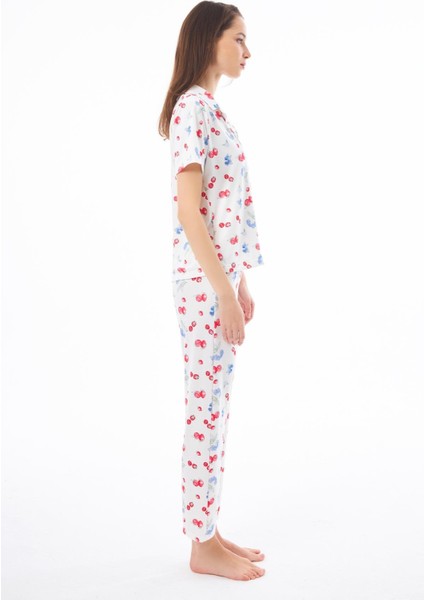 Premium Kadın Pijama Takımı Meyve Desenli Yumuşak Dokulu Kısa Kollu Gömlek Yaka modelleri