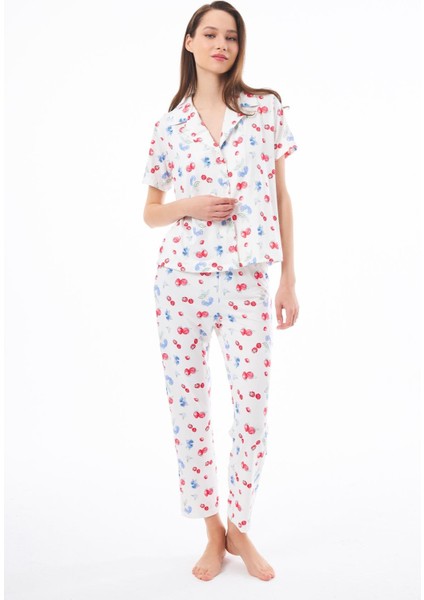 Premium Kadın Pijama Takımı Meyve Desenli Yumuşak Dokulu Kısa Kollu Gömlek Yaka fırsatları