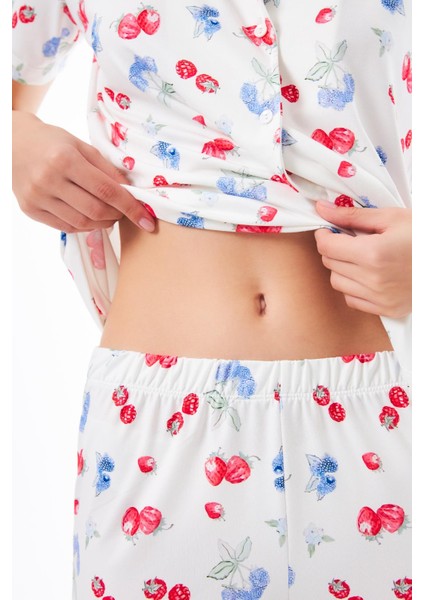 Premium Kadın Pijama Takımı Meyve Desenli Yumuşak Dokulu Kısa Kollu Gömlek Yaka indirimleri