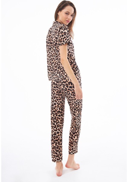 Premium Kadın Pijama Takımı Leopar Desenli Yumuşak Dokulu Kısa Kollu Gömlek Yaka fiyatları
