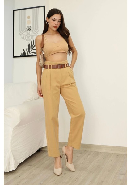 Kemer Detaylı Pileli Gabardin Kumaş Pantolon 6158-CAMEL