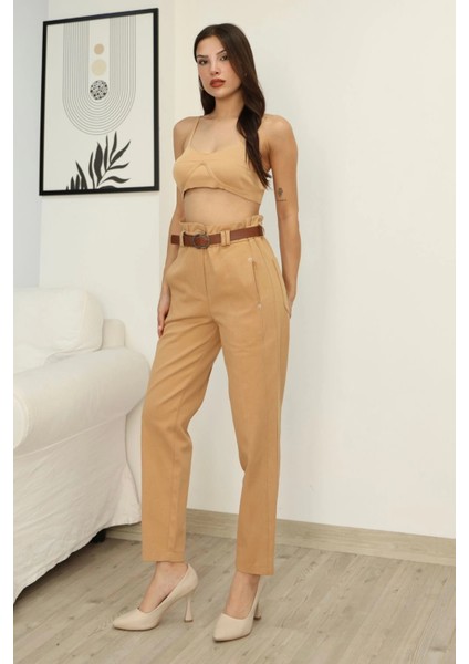 Kemer Detaylı Pileli Gabardin Kumaş Pantolon 6158-CAMEL fiyatları