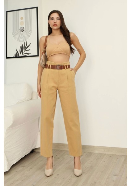 Kemer Detaylı Pileli Gabardin Kumaş Pantolon 6158-CAMEL modelleri