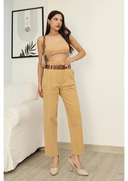 Kemer Detaylı Pileli Gabardin Kumaş Pantolon 6158-CAMEL fırsatları