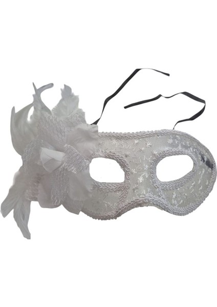 Beyaz Dantel Işlemeli Güllü Tüylü Wedding Arkadan Bağlamalı Balo Maskesi 1 Adet Bride Hallow