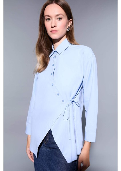 Regular Fit Gömlek Yaka Önden Bağlamalı Poplin Uzun Kollu Gömlek Tunik F8347AX25AU fiyatları