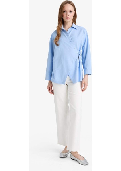 Regular Fit Gömlek Yaka Önden Bağlamalı Poplin Uzun Kollu Gömlek Tunik F8347AX25AU indirimleri