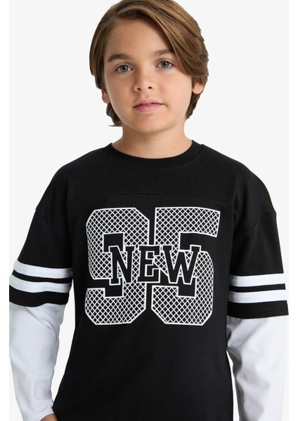 Erkek Çocuk Oversize Geniş Kalıp Bisiklet Yaka Baskılı Uzun Kollu Tişört G1687A825AU