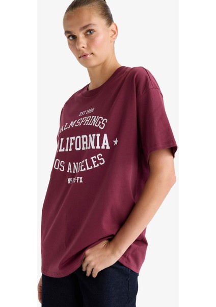 Oversize Geniş Kalıp Bisiklet Yaka Baskılı Kısa Kollu Tişört