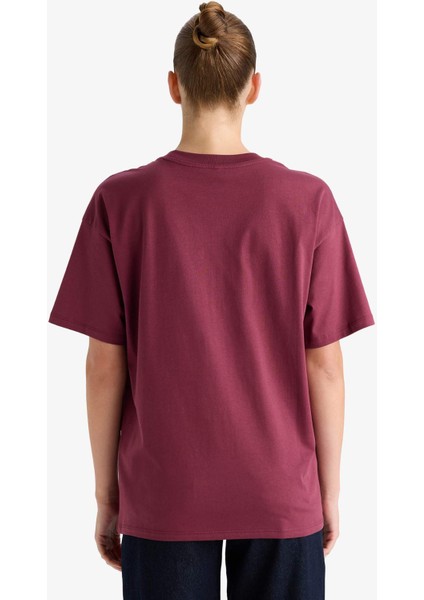 Oversize Geniş Kalıp Bisiklet Yaka Baskılı Kısa Kollu Tişört