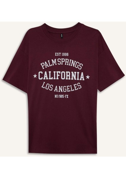 Oversize Geniş Kalıp Bisiklet Yaka Baskılı Kısa Kollu Tişört