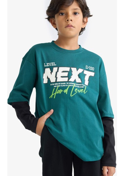 Erkek Çocuk Oversize Geniş Kalıp Bisiklet Yaka Baskılı Uzun Kollu Tişört E9589A825AU