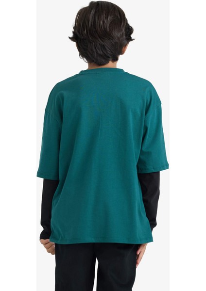 Erkek Çocuk Oversize Geniş Kalıp Bisiklet Yaka Baskılı Uzun Kollu Tişört E9589A825AU