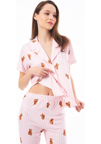 Premium Kadın Pijama Takımı Krem Ayıcık Desenli Yumuşak Dokulu Kısa Kollu Gömlek Yaka fırsatları