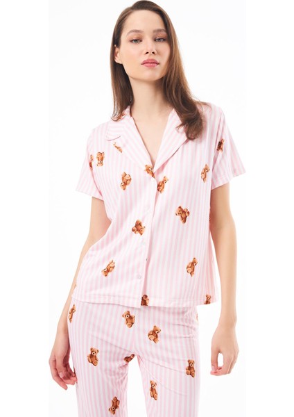 Premium Kadın Pijama Takımı Krem Ayıcık Desenli Yumuşak Dokulu Kısa Kollu Gömlek Yaka indirimleri