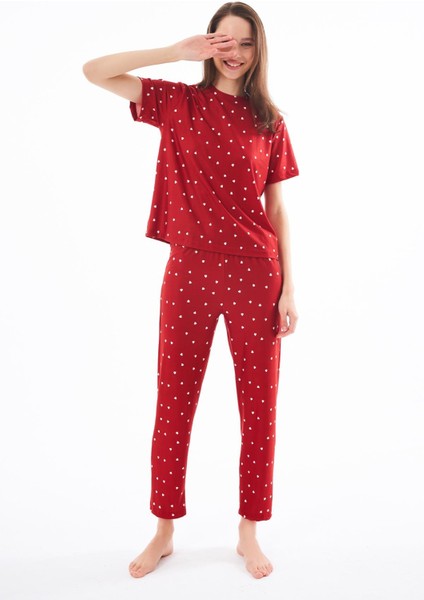 Premium Kadın Pijama Takımı Kırmızı Kalp Desenli Yumuşak Dokulu Kısa Kollu Bisiklet Yaka fırsatları