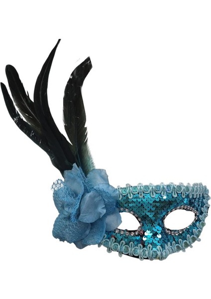 Mavi Renk Pullu Güllü Tüylü Wedding Maskesi Lastikli Balo Mask 1 Adet Bride
