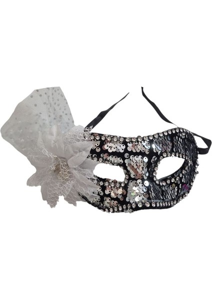Beyaz Güllü Gümüş Pullu Wedding Arkadan Bağlamalı Balo Maskesi 1 Adet Bride Hallow