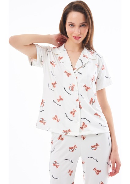 Premium Kadın Pijama Takımı Ayıcık Desenli Yumuşak Dokulu Kısa Kollu Gömlek Yaka fırsatları