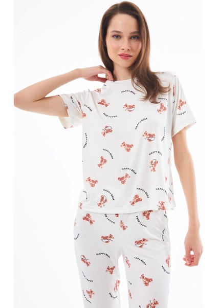 Premium Kadın Pijama Takımı Ayıcık Desenli Yumuşak Dokulu Kısa Kollu Bisiklet Yaka modelleri