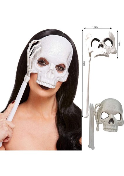 Halloween Iskelet Beyaz El Tutmalı Kurukafa Kafatası Maskesi Sopalı 1 Adet