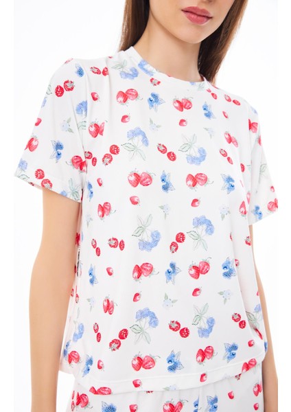Premium Kadın Pijama Takımı Meyve Desenli Yumuşak Dokulu Kısa Kollu Bisiklet Yaka indirimleri